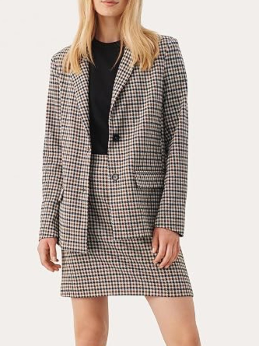 PART TWO Cream Brown Navy Houndstooth Stretch Blazer Casual Career 8 NWT